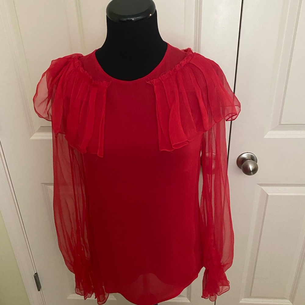 Prabal Gurung Red Ruffled Long Sleeve Blouse